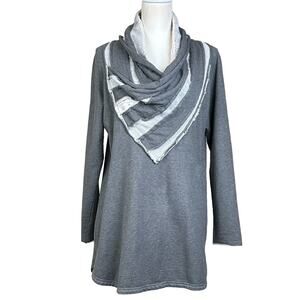 Tru Luxe Jeans Top Women Size Medium Gray White Boho Cowl Neck Distressed Tunic
